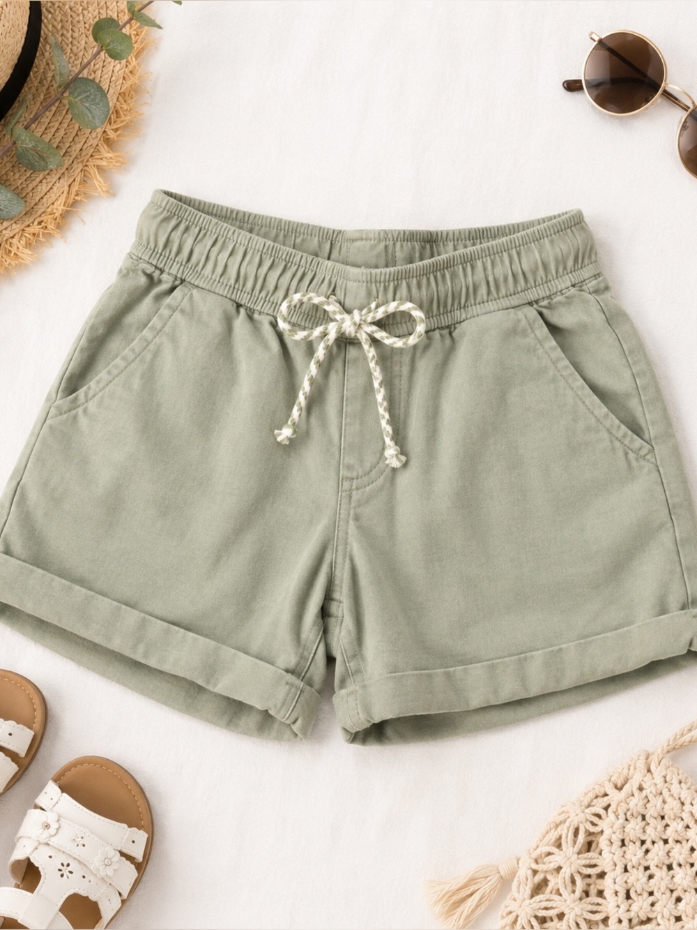 Cat & Jack Sage Green Pull-On Shorts Size XS 4/5 Elastic Waist Drawstring